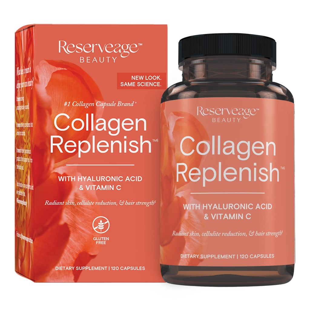 Reserveage Skønhed Collagen Replenish - Collagen Booster & supplement til sund hudpleje & hårvækst - Understøtter naturlig Elastin produktion - 120 kapsler (30 Servere)