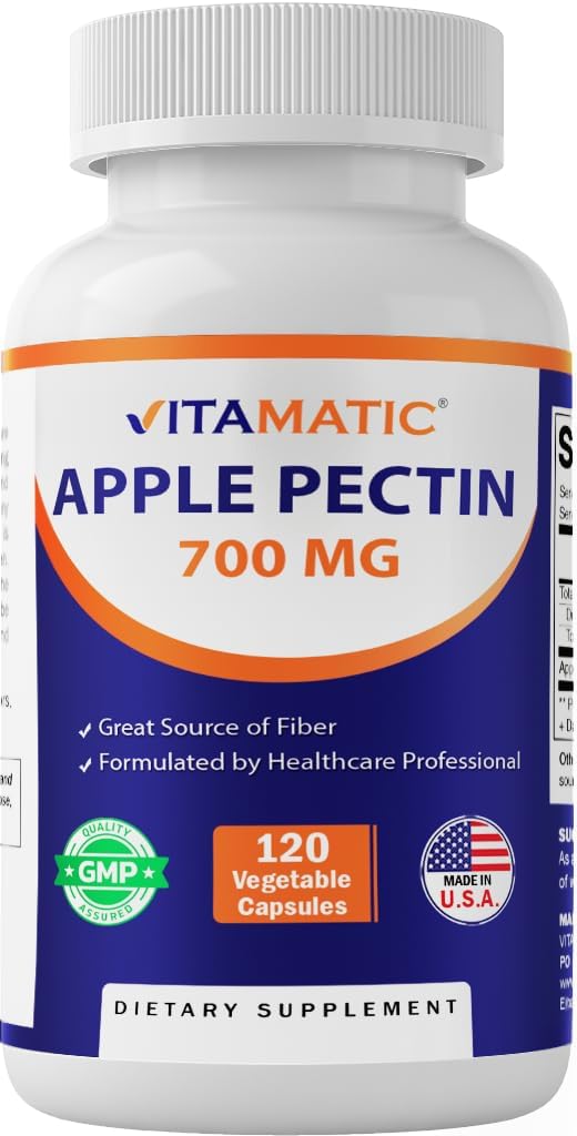 Vitamatic Apple Pectin 700mg - 120 Vegetariske kapsler per flaske naturlige kostfibre supplement - Understøtter fordøjelse sundhed og regelmæssighed *