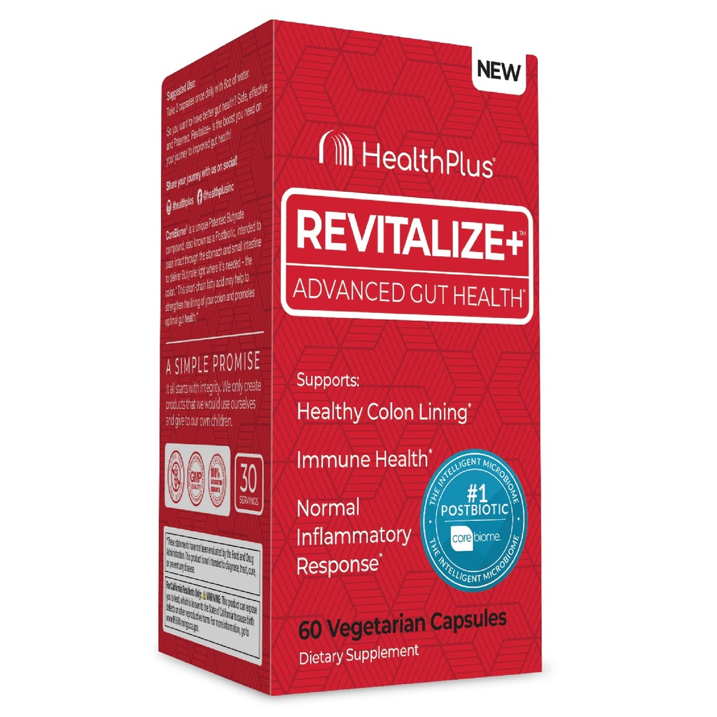 Health Plus Revitalize + Corebiome Tributyrin Postbiotika til komplet fordøjelsesmæssig sundhed, Leaky Gut, Colon Note 124; Gut Sundhed Kosttilskud til mænd og kvinder