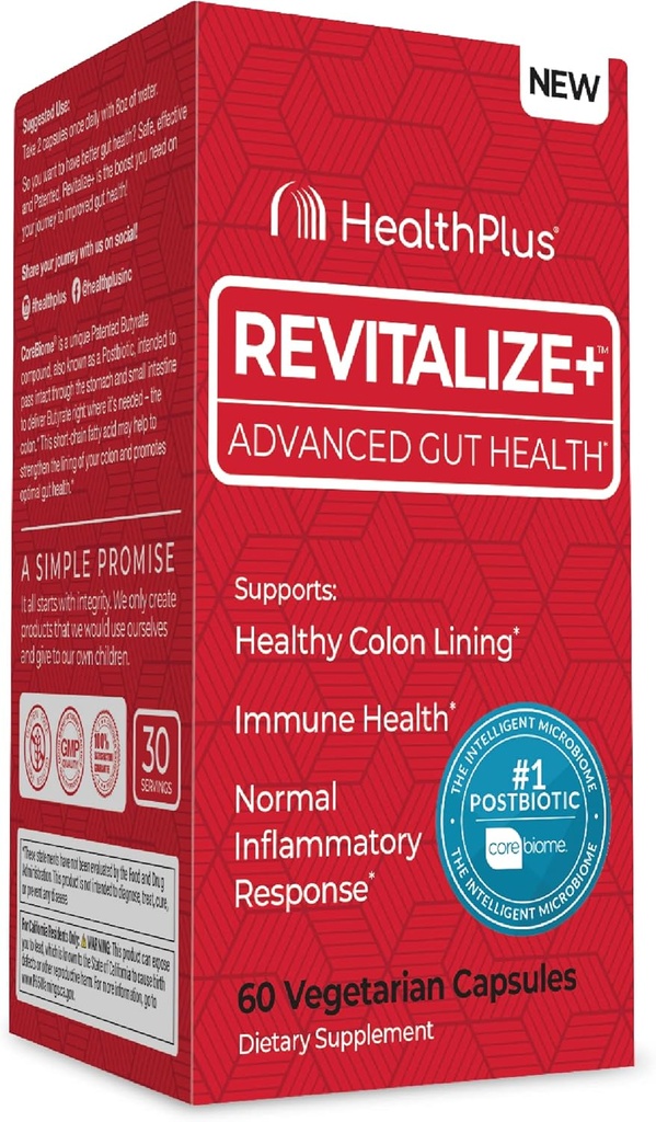Health Plus Revitalize + Corebiome Tributyrin Postbiotika til komplet fordøjelsesmæssig sundhed, Leaky Gut, Colon Note 124; Gut Sundhed Kosttilskud til mænd og kvinder