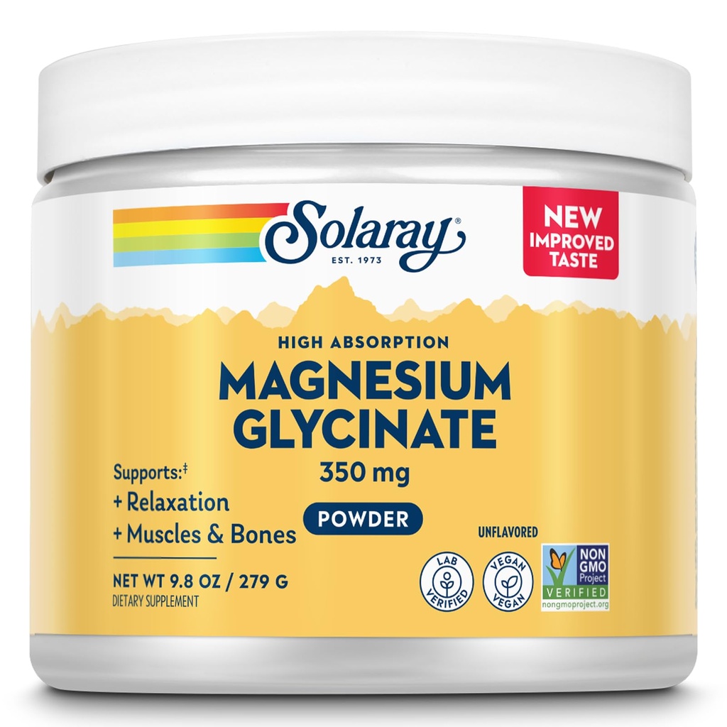 SOLARAY Magnesium Glycinat Powder 350 mg - Unflavored Magnesium Powder - Magnesium supplement for ben, muskel, og afslapning Support - Vegan, Non- GMO, 60- dag garanti - 50 Servering, 6 OZ