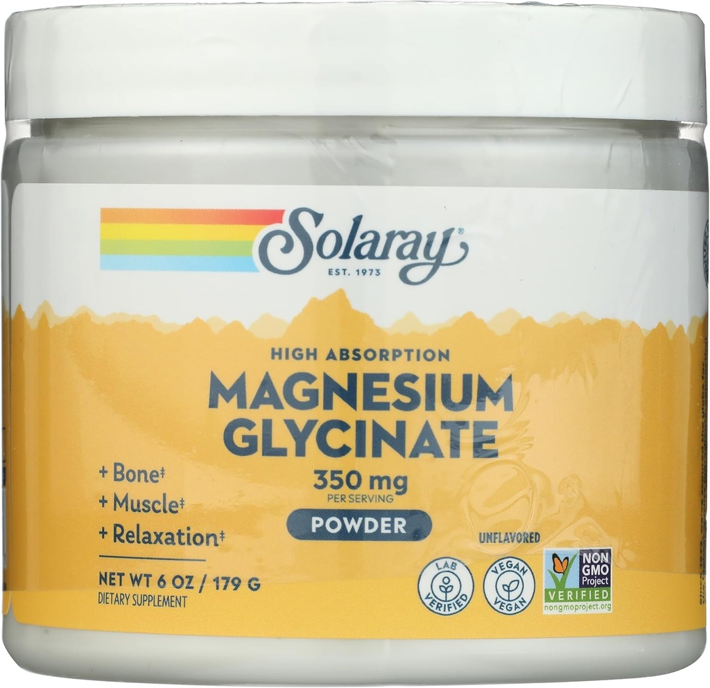 SOLARAY Magnesium Glycinat Powder 350 mg - Unflavored Magnesium Powder - Magnesium supplement for ben, muskel, og afslapning Support - Vegan, Non- GMO, 60- dag garanti - 50 Servering, 6 OZ
