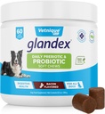 Vetnique Glandex Daglig Probiotika til hunde med Prebiotika til at understøtte Gut Sundhed med Fiber og fordøjelsesenzymer, Probiotiske Chews eller Powders (60ct Chews, Bacon Chews)