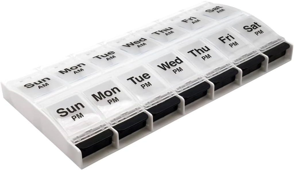 EZY DOSE trykknap (7-dag) Pill Case, Medicine Planner, Vitamin Organizer, 2 gange om dagen, AM / PM Container, X- store kompartmenter, Gigt venligt, Let at bruge, Clear Lids, Clear / Black, BPA Free