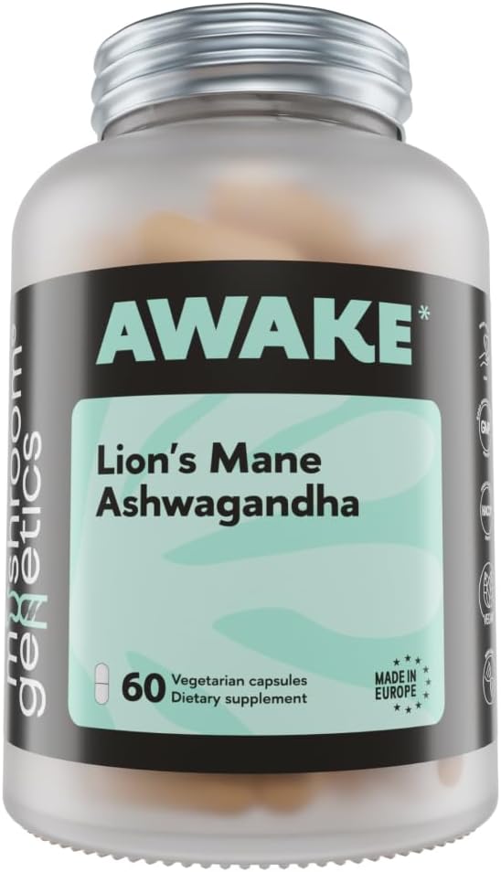 Mushroom Genetik Lions Mane & Ashwagandha Supplement Kapsler - Nootrop Mushroom for Brain, Memory & Stress Relief MSD 124; Fruiting Body & Ashwagandha Root for Focus, Energy & Wellness MSD 124; 60 Kapsler