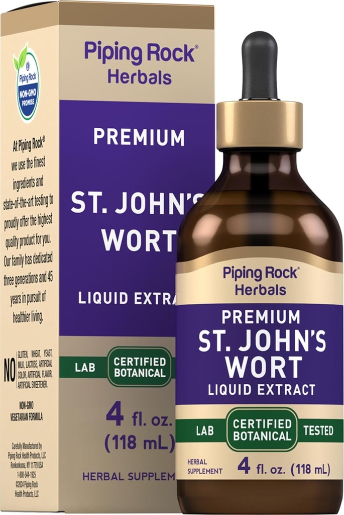 Piping Rock St Johns Wort Tincture Drops Mea124; 4 Fl Oz Measures 124; Premium Flydende Herb Extract 124; Hypericum Perforatum Mea124; Vegetar, Alkohol Free Measures 124; Non- GMO, Gluten Free Supplement