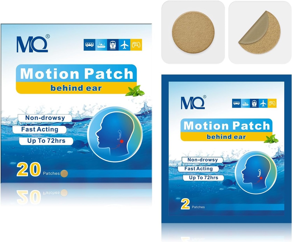 MQ 20ct Motion Syge Patches, Medium Color, Sea Sygdom Patches Non Drowsy & Vandtæt, Cruise Ship Travel Essentials, Fast Actioning & Long Lasting 72H