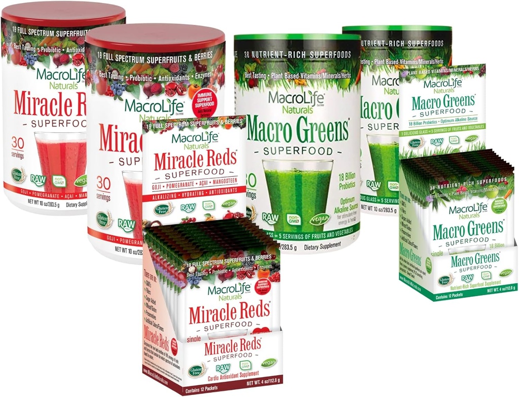 MacroLife Survivor 6- Count Bundle, 2 Macro Green 10oz + 1 Packet Box (12ct), 2 Miracle Reds 10oz + 1 Packet Box (12ct)