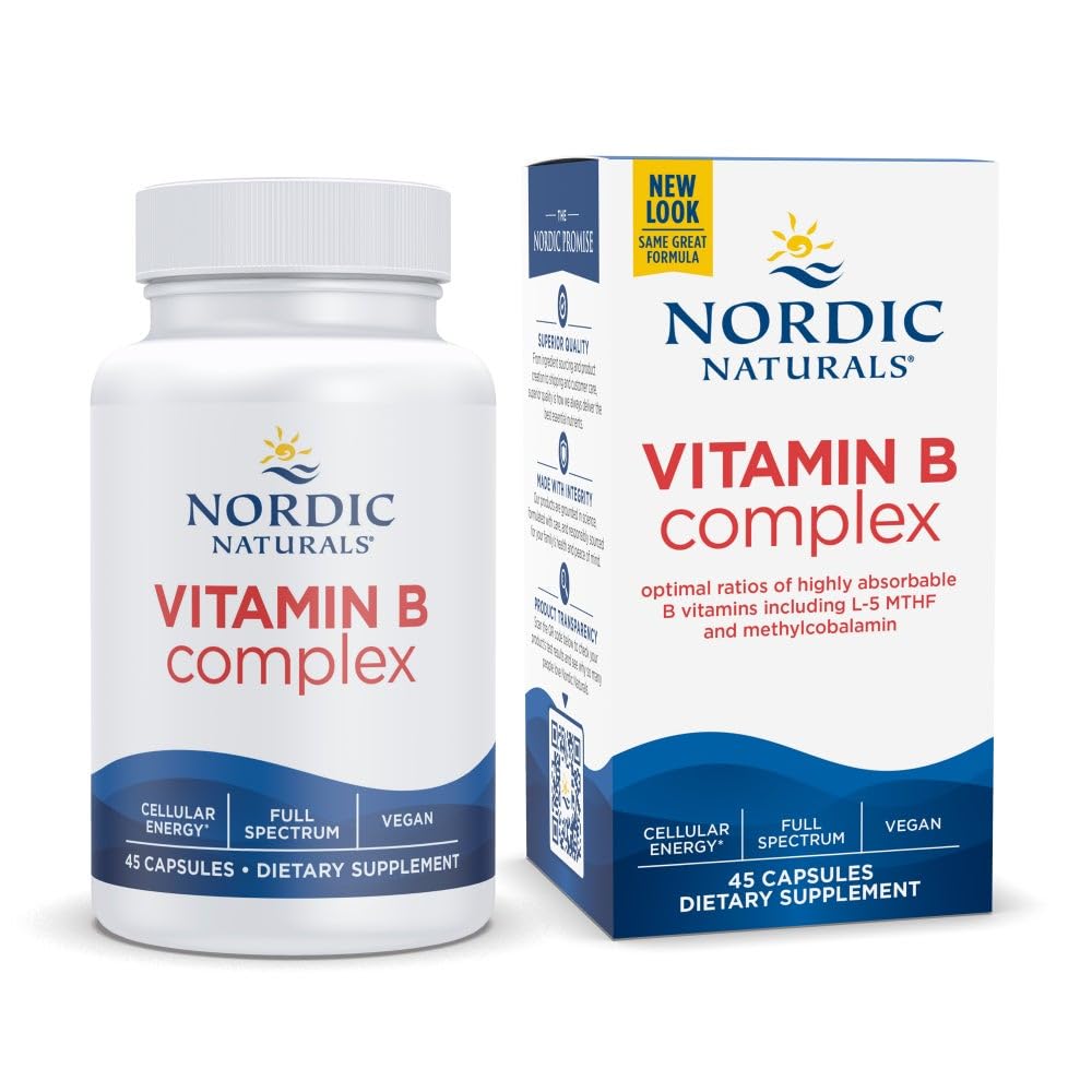 Nordic Naturals Vitamin B Complex - 45 kapsler Thiamin, Riboflavin, Niacin, B6 & B12, Folate, Biotin, Pantothenic Acid Heart Brain Health, Energy, Metabolisme Non-GMO-servere
