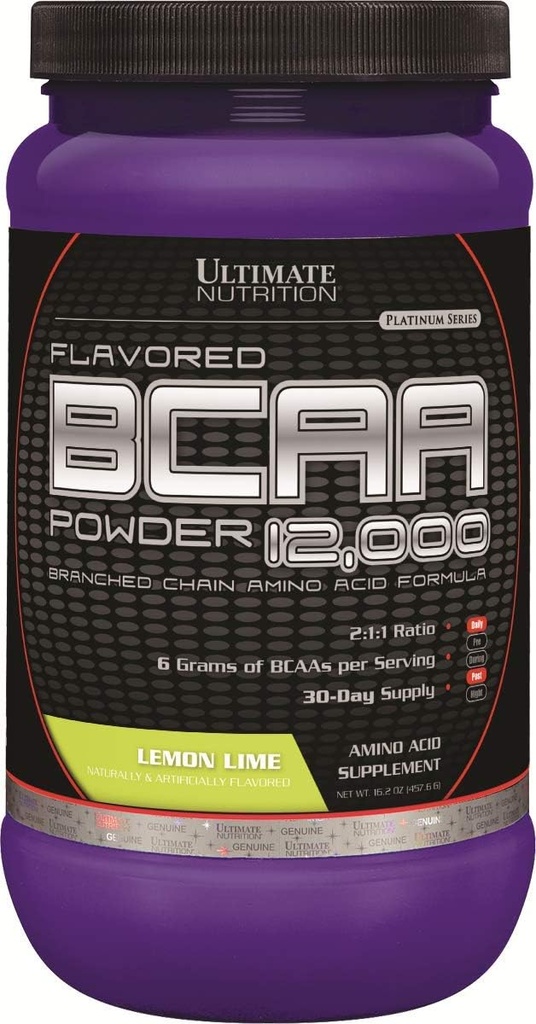 Ultimate Nutrition Flavored BCAA Powder 12.000, Post Workout Recovery Drink, 3g Leucin 1,5 g Valine 1,5 g Isoleucin, Branch Chain Aminosyrer Kosttilskud til muskel opsving, 60 Servering, Lemon Lime