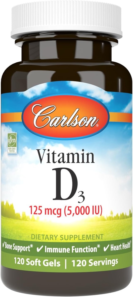 Carlson - D3- vitamin 5000 IE (125 mcg), Knoglesundhed, muskelsundhed, Cholecalciferol, D- vitamintilskud, D3- vitamin Soft Gels, 120 Softgels