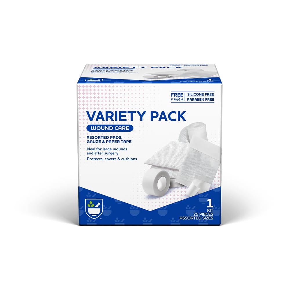 Rite Aid Førstehjælp Gauze Pads, Variety Pack - Inkluderer 25 Assorterede Gauze Pads & Tape Budd124; Steril Gauze Pads