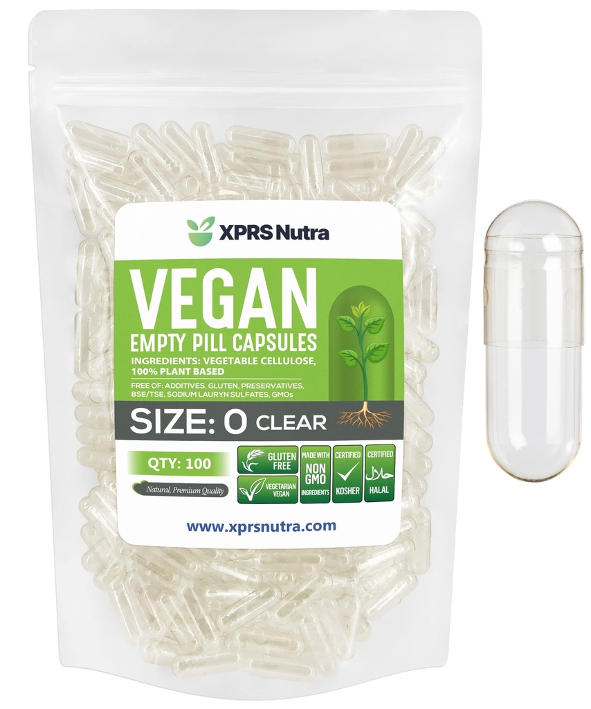 XPRS Nutra Størrelse 0 Tomme kapsler - 100 klar greve Tom Vegansk kapsler - Vegetarisk Pille - DIY vegetabilsk Capsule Fyldning -Veggie piller til Do- It- Yourself Kosttilskud