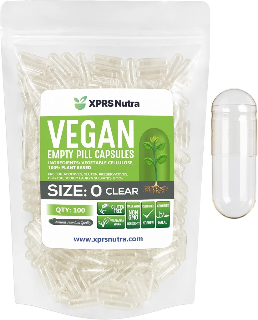 XPRS Nutra Størrelse 0 Tomme kapsler - 100 klar greve Tom Vegansk kapsler - Vegetarisk Pille - DIY vegetabilsk Capsule Fyldning -Veggie piller til Do- It- Yourself Kosttilskud