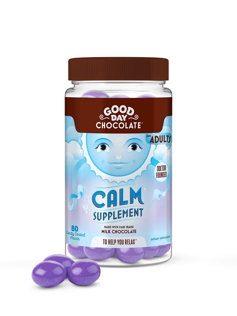 God dag Chokolade Natural Calming Supplement for voksne, Blend of Camomile, Theanin, Magnesium, Fair Trade og non-GMO chokolade, 80 stykker