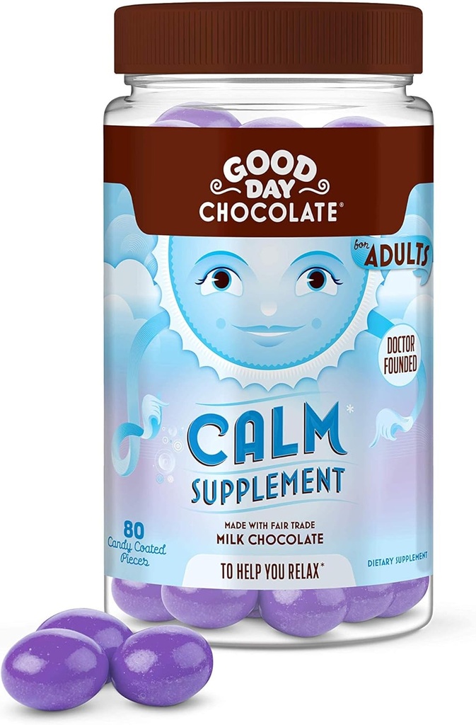 God dag Chokolade Natural Calming Supplement for voksne, Blend of Camomile, Theanin, Magnesium, Fair Trade og non-GMO chokolade, 80 stykker