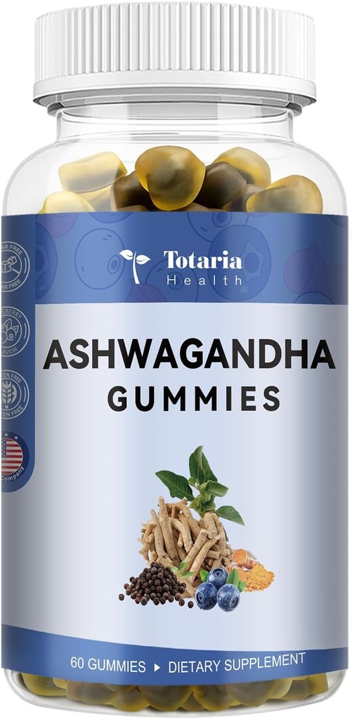 Totaria Ashwagandha Fyldt Gummies w / Magnesium Glycinate, Rhodiola Rose, Blåbær Flavor.