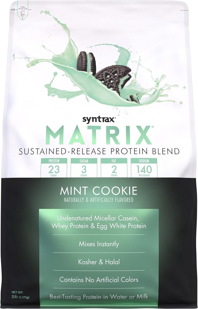 Syntrax Nutrition Matrix Protein Powder, Sustained- release Blend, Mint Cookie, 5 lbs. Real Cookie stykker