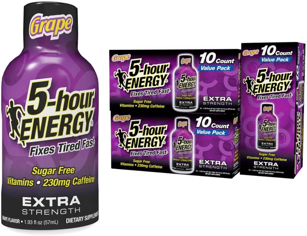 5- timers ENERGY Extra Strength Energy Shot, Grape Flavor, 30 Count, 1,93 oz., Zero Calories & Sugar- Free 230 mg Coffeined Energy Shot, Aminosyrer & B Vitamin, Kosttilskud