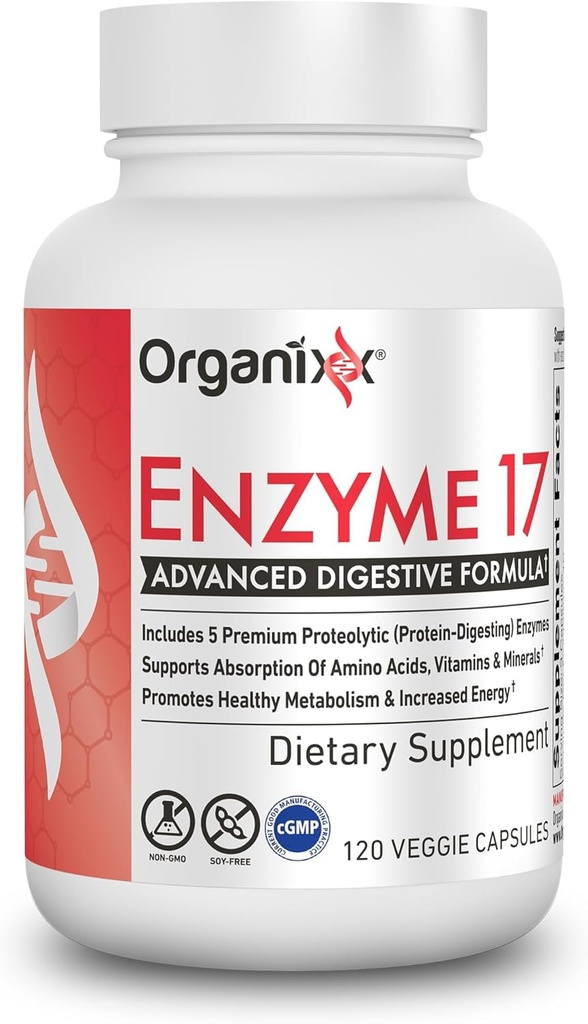 Organixx Enzyme 17 Væsentlige fordøjelsesenzymer til kvinder & mænd, For Gut Sundhed & Optimal fordøjelsessundhed, Støtte til Bloating, Gas, Nutrient Absorption & Immunity, Vegan, Non GMO, 80 Veggie Kapsler
