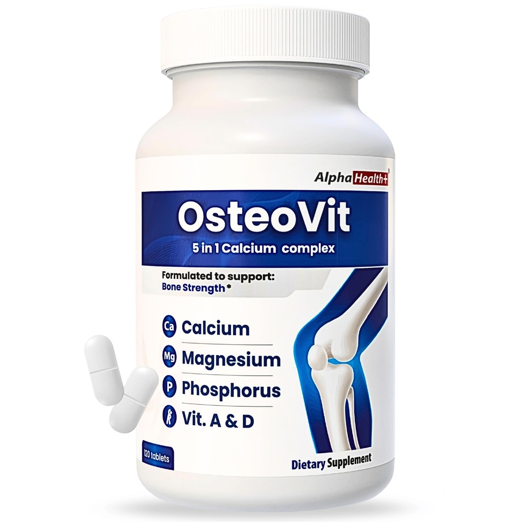 OsteoVit 5- in-1 Calcium 120 faner Multivitamin: Calcium, Magnesium, Phosphorus, Vitamin D3 & A - Knoglestyrke & Fleksibilitet *, Non- GMO Gluten Free