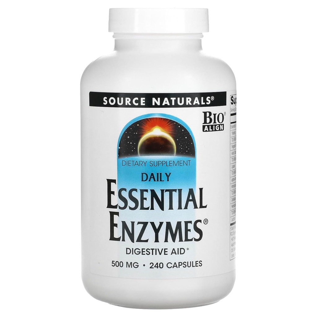 Source Naturals Essential Enzymes 500mg Bio- Aligned Multiple Supplement Herbal Defense for fordøjelse, Gas & Forstoppelse Relief & Daglig fordøjelsessundhed - Stærk immunsystem support - 120 VegiCaps