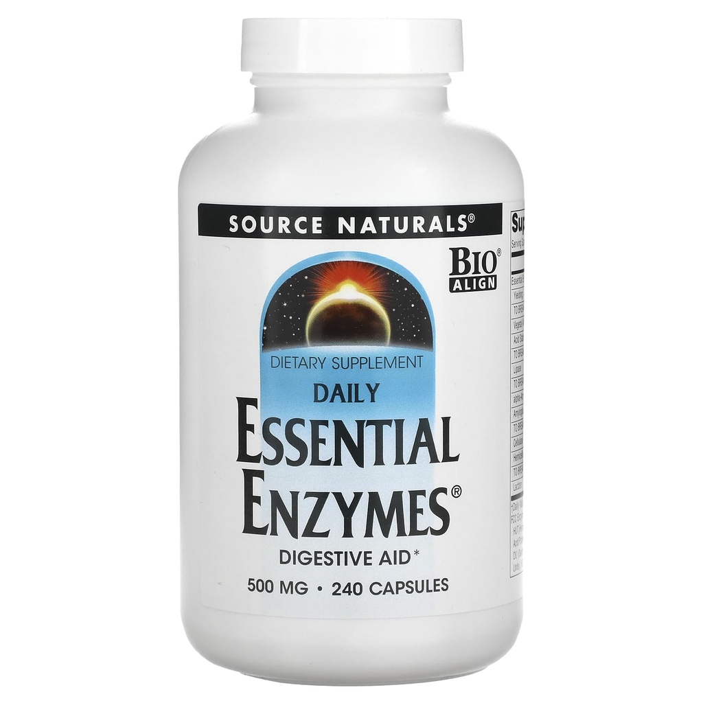 Source Naturals Essential Enzymes 500mg Bio- Aligned Multiple Supplement Herbal Defense for fordøjelse, Gas & Forstoppelse Relief & Daglig fordøjelsessundhed - Stærk immunsystem support - 120 VegiCaps