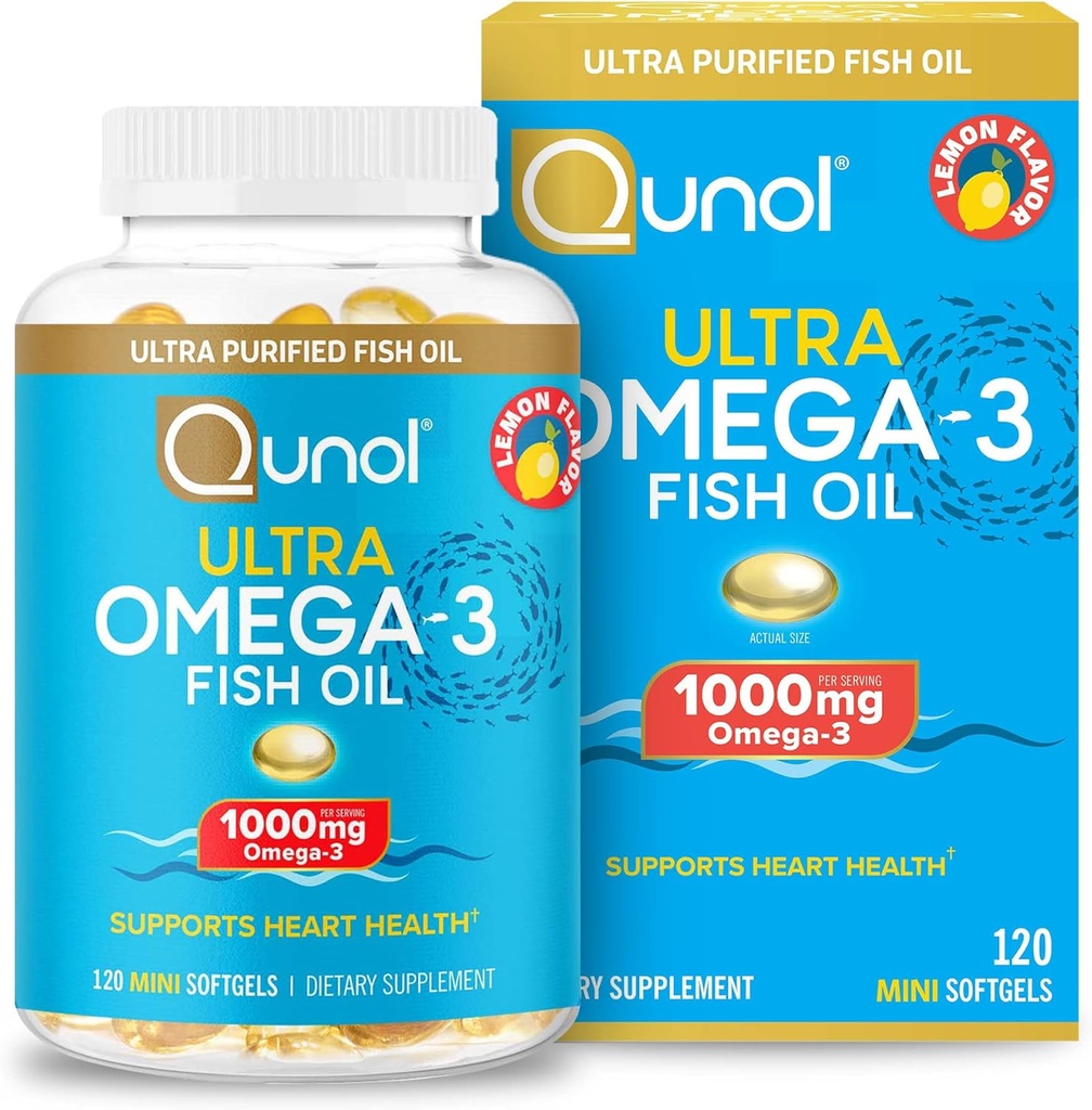 Qunol Omega 3 Fish Oil Mini Softgel, 1000mg Ultra Pure Fish Oil, Heart Health Support, Omega 3 DHA Kosttilskud, Lemon Flavor, 2 Måned Supply, 120 Greve
