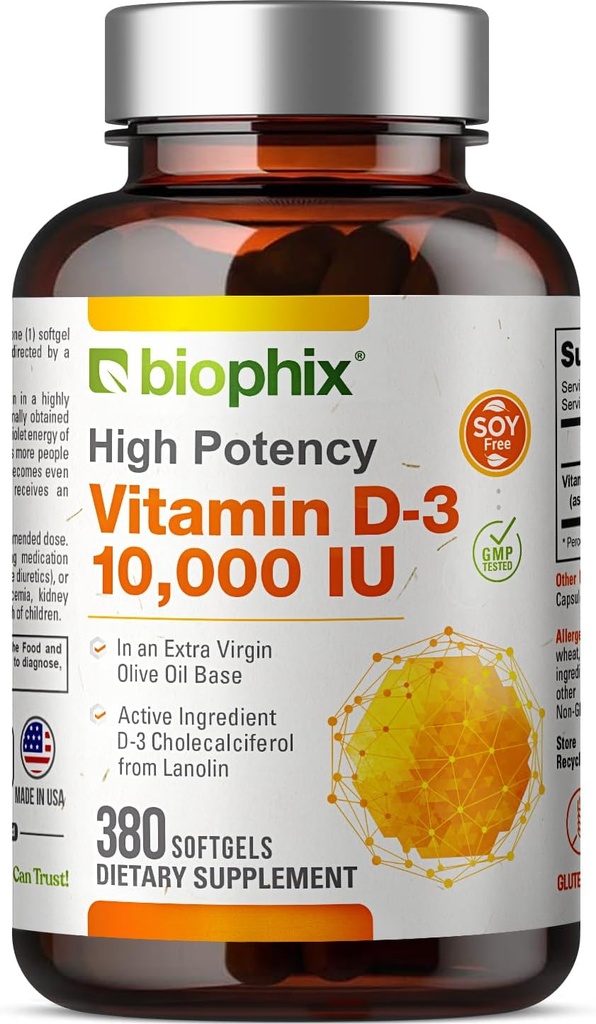biophix vitamin D-3 10000 IE 380 Softgel - høj potens i ekstra jomfru olivenolie uden GMO soy- gratis støtter stærke knogler immunforsvar