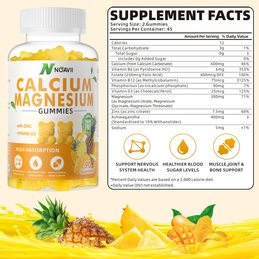 Calcium Magnesium Zink gummier med D3- vitamin, ashwagandha supplement - høj potens forbedret absorption - Ananasflaske -90 Tæl
