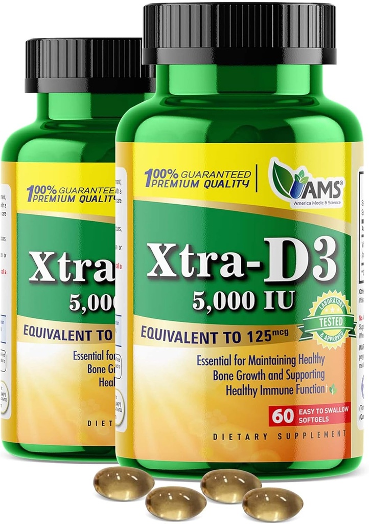 Amerika Medic & Science Xtra D3 Vitamin D 5.000 IE (125 mcg) Cholecalciferol supplement til mænd og kvinder (120Easy to Swallow Softels) 2pack-124; Bedste for ben, hjerte sundhed, immunsystemet støtte, lungefunktion
