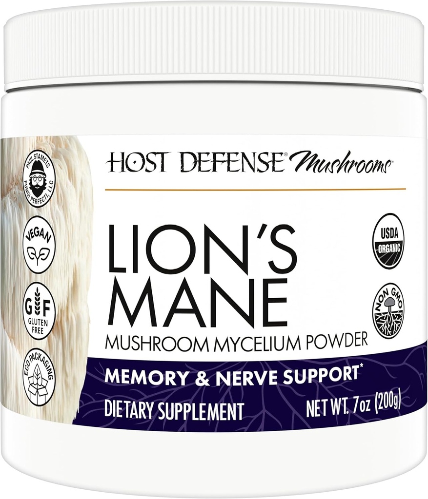 Host Defense Lion's Mane Powder - Brain Health Support Supplement - Mushroom Supplement to Support Focus & Memory Function - Immune & Nervous System Support Supplement - 7 oz (133 Servings)*