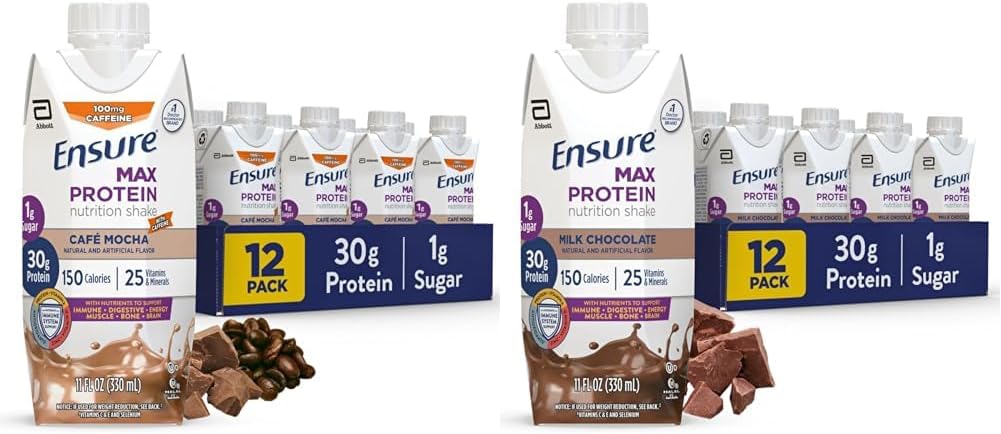 Sikre Max Protein Nutritional Shake med 30g Protein, 25 Vitamin & Min, 7 Aromaer herunder Cafe Mocha og Mælk Chokolade, pakke med 12, Gluten Free
