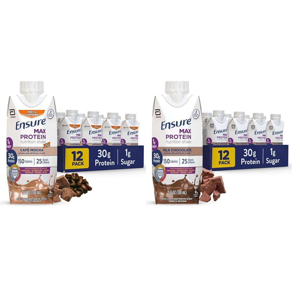 Sikre Max Protein Nutritional Shake med 30g Protein, 25 Vitamin & Min, 7 Aromaer herunder Cafe Mocha og Mælk Chokolade, pakke med 12, Gluten Free