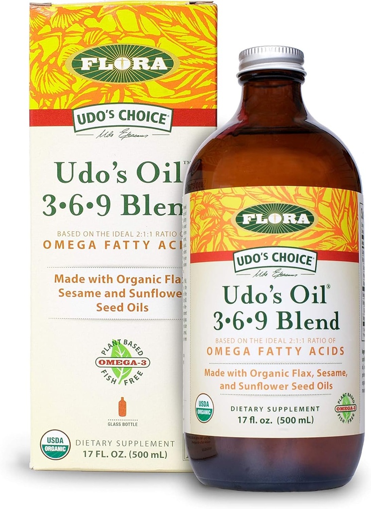 Flora Udo 's Oil 3- 6- 9 Blend - Vegan Omega-3 & Omega- 6 Oil - Indeholder organisk kokosolie, hørfrøolie & mere - Hold nedkølet - 17 fl. oz.
