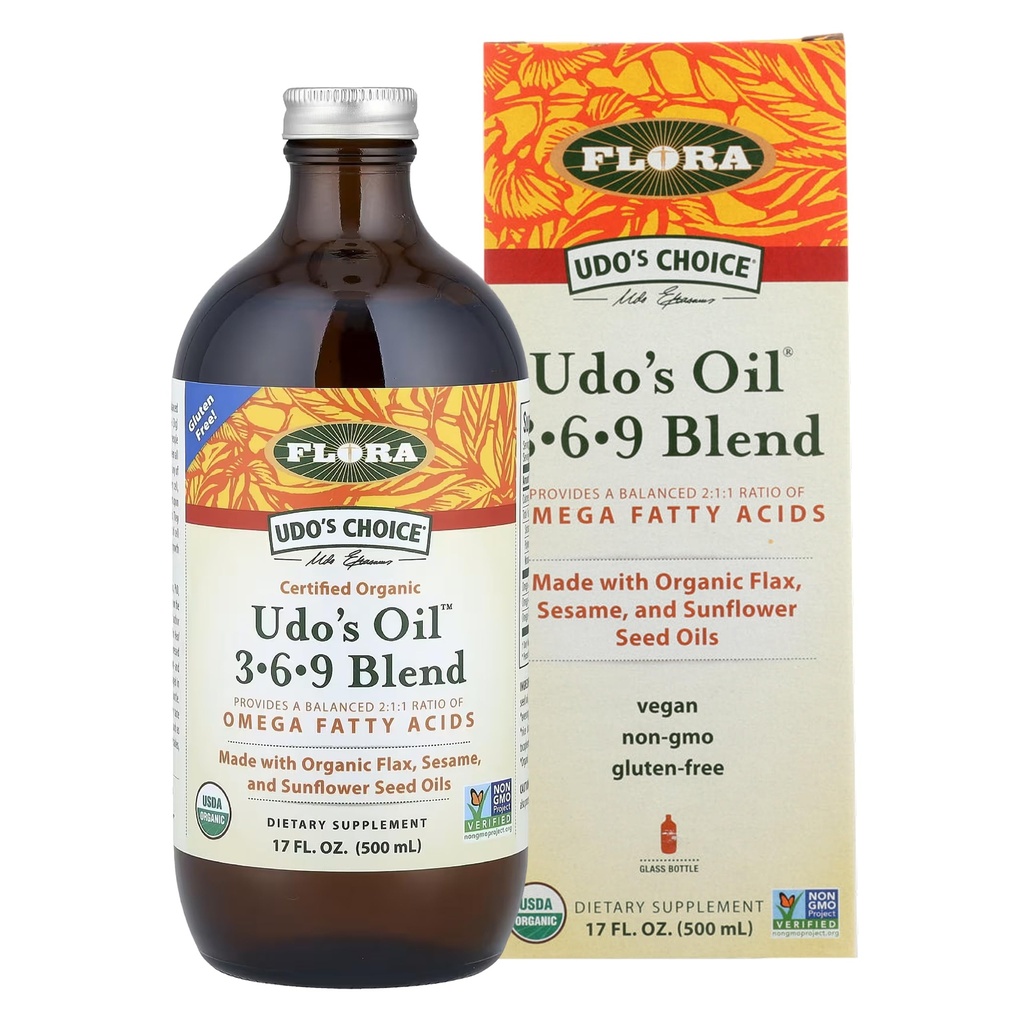Flora Udo 's Oil 3- 6- 9 Blend - Vegan Omega-3 & Omega- 6 Oil - Indeholder organisk kokosolie, hørfrøolie & mere - Hold nedkølet - 17 fl. oz.