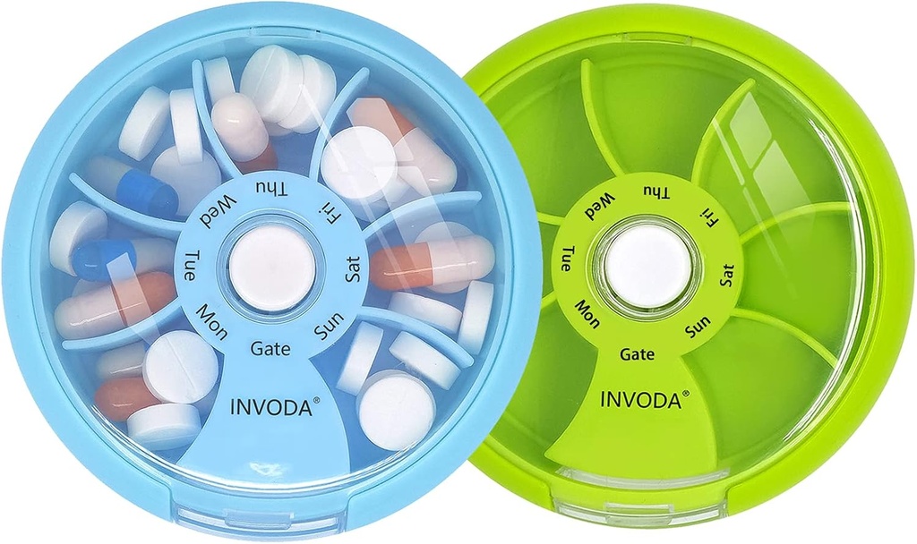 INVODA Weekly Pill Organizer 7 Segment Roterende Pill Box for Daglig Medicin & Vitaminer - Bærbar rejse Pill sag Fish Oil Kosttilskud Vitaminer Organizer (grøn + blå)