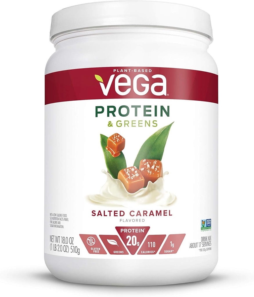 Vega Protein and Greens, Saltet Caramel, Vegan Protein Powder, 20g Plant Based Protein, Low Carb, Keto, Dairy Free, Gluten Free, Non GMO, Pea Protein for Women and Men, 1.1 Pounds (17 Servere)