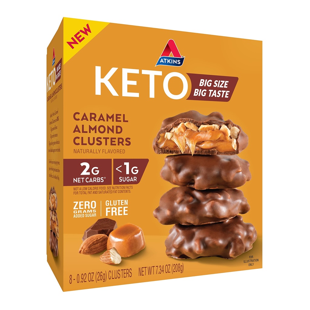 Atkins Caramel Mandel Clusters, Gluten Free, High in Fiber, 1g Sugar, 2g Net Carb, Keto Friendly, 8 Greve