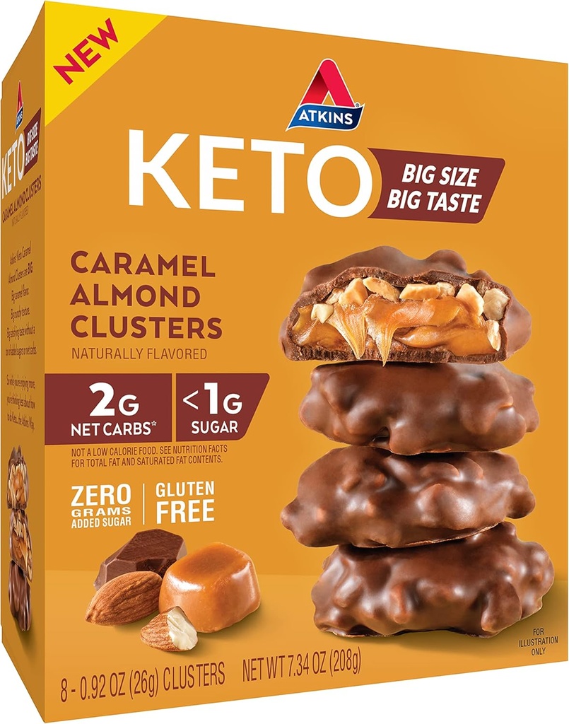 Atkins Caramel Mandel Clusters, Gluten Free, High in Fiber, 1g Sugar, 2g Net Carb, Keto Friendly, 8 Greve