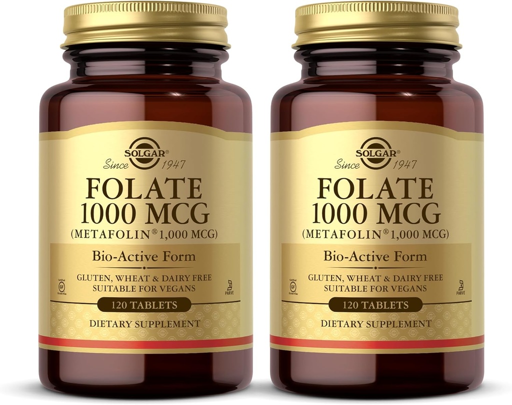 Solgar Folate 1000 mcg - 120 Tablets, 2 Pack - 1000 mcg Bio- Active Metafolin - Vegan, Gluten Free, Dairy Free, Kosher - 240 Total Servering