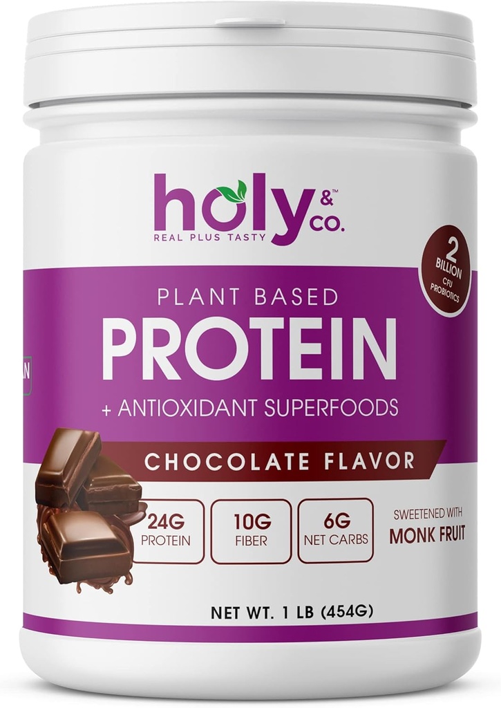 Holy & Co. Plant Based Protein Blend Shake, Gluten Free Chocolate Flavored, Kosher, for mænd og kvinder, 2 Millioner Probiotika, Monk Fruit Sugar- 16 oz (1 LB)