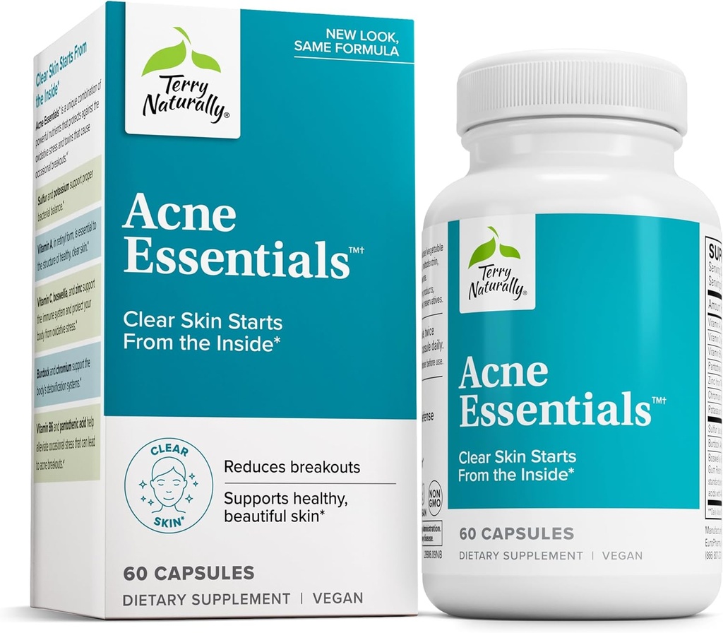 Terry naturligt Acne Essentials - Skin Support for Clear Skin - Supplement med Vitamin A, C & Zink - Skincare Supplement for Lejlighedsvis Acne - 60 kapsler (60 Servere)