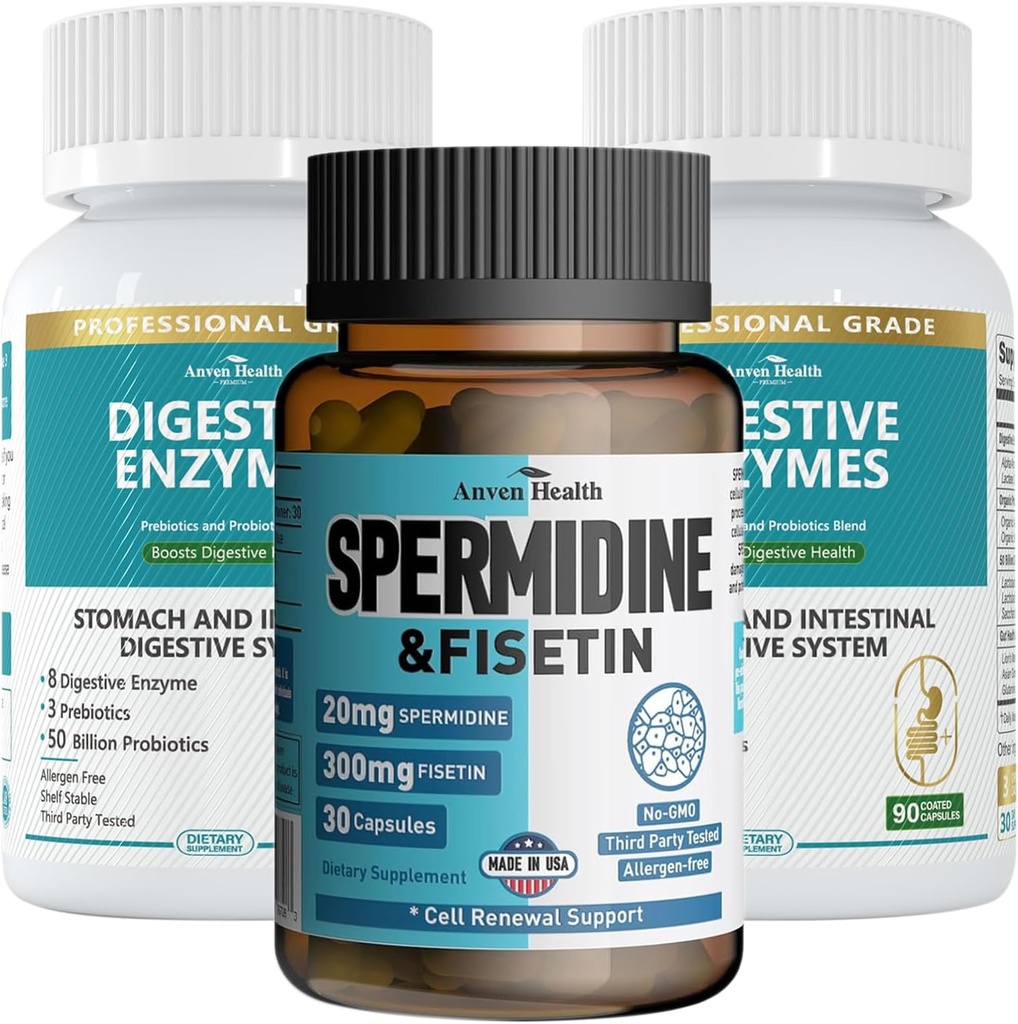 Spermidin & Fisetin Longevity Bundle: 20mg Spermidin + 300mg Fisetin + fordøjelsesenzymer for Gut Health - Aging Defense, Cell Fornyelse, & fordøjelsesbesvær for mænd og kvinder