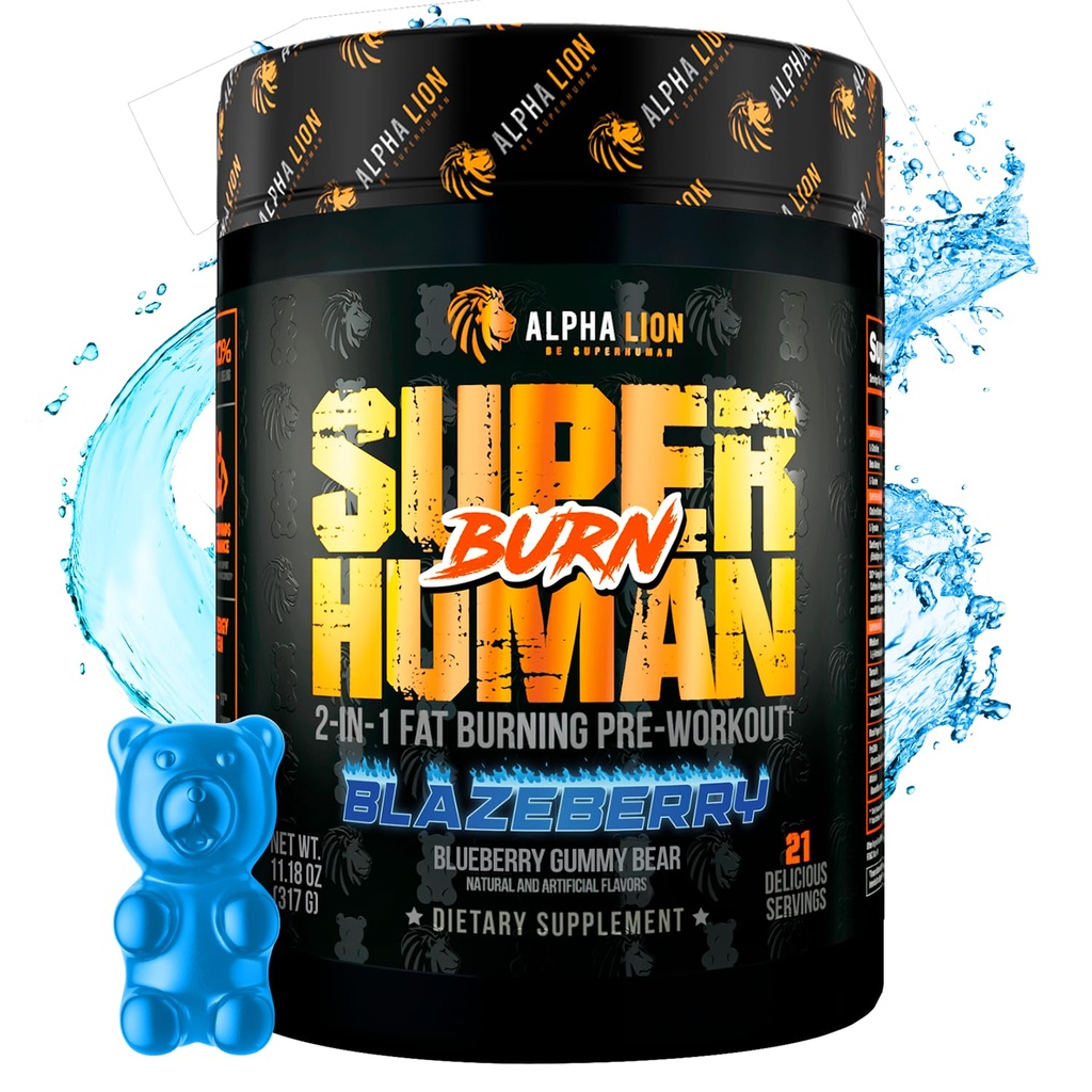 ALFA LION Superhuman Burn - 2 i 1 Metabolisme Booster Pre Workout og termogene Fat Burner til mænd - Appetite Suppressant og vægttab supplement (21 Servere, Blue Gummy Bear Flavor)