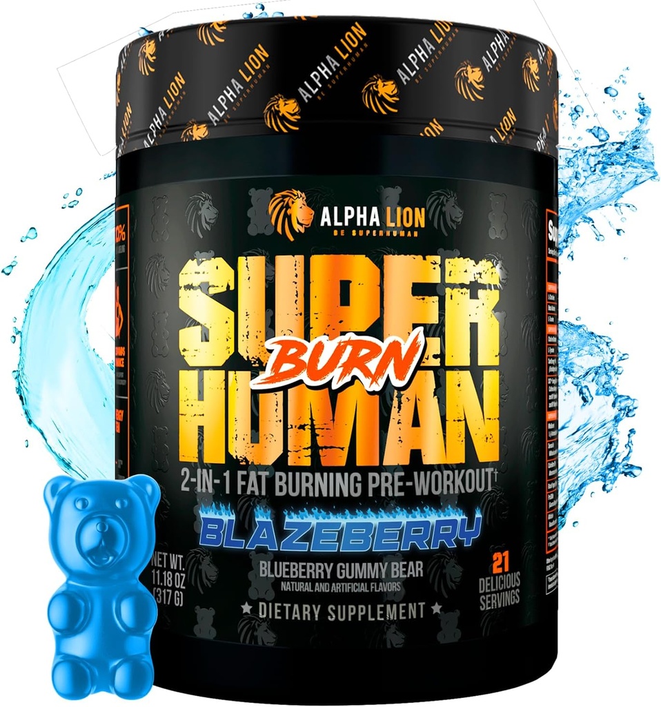 ALFA LION Superhuman Burn - 2 i 1 Metabolisme Booster Pre Workout og termogene Fat Burner til mænd - Appetite Suppressant og vægttab supplement (21 Servere, Blue Gummy Bear Flavor)