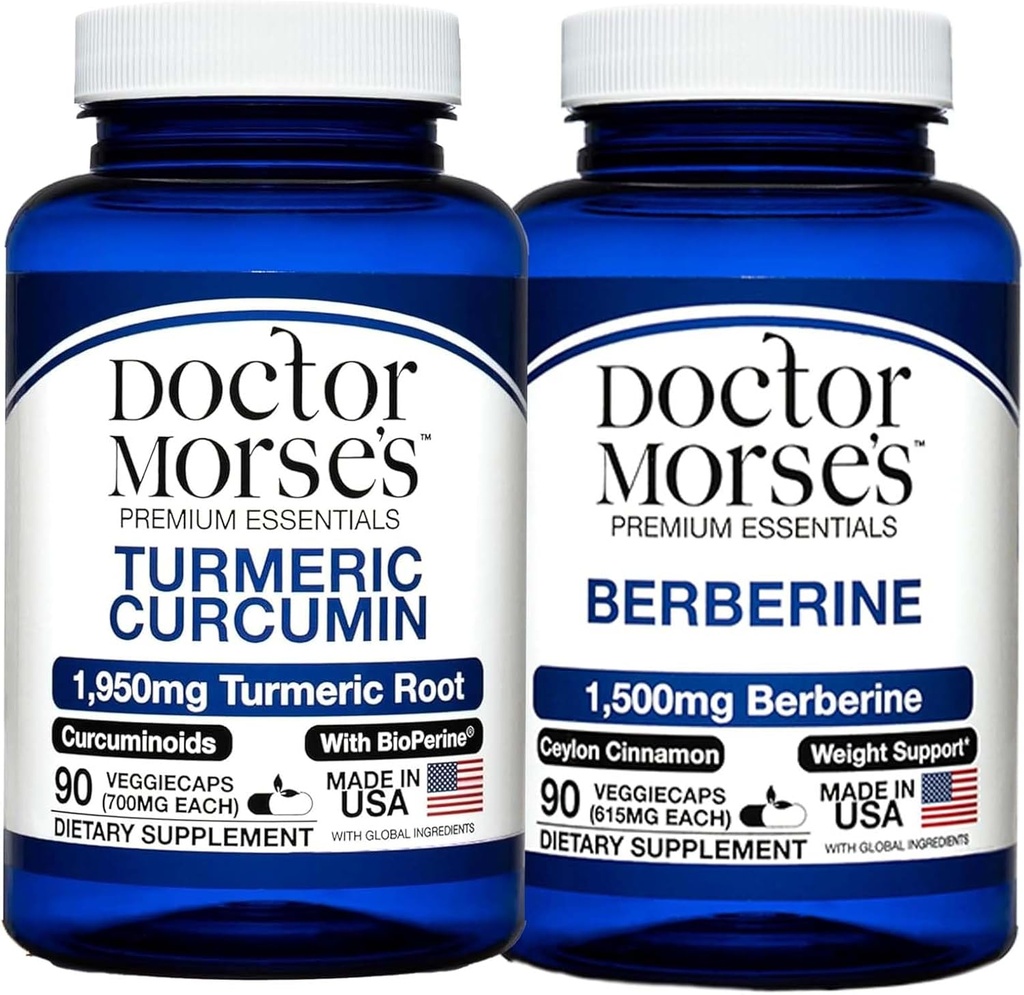Dr. Morses gurkemeje 1950mg & Berberine 1500mg Bundle - Fælles støtte, sund stofskifte, og immunboost med BioPerine & Ceylon kanel, FDA- Registreret, NSF- Certificeret 90 kapsler