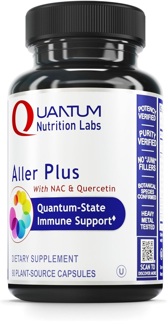 Quantum Nutrition Labs Aller Plus - A Lung Health Supplement med NAC / N- Acetyl Cysteine, Med Bromelain, Reishi Mushroom & Quercetin, immunsupportformel - 90 Vegetariske kapsler