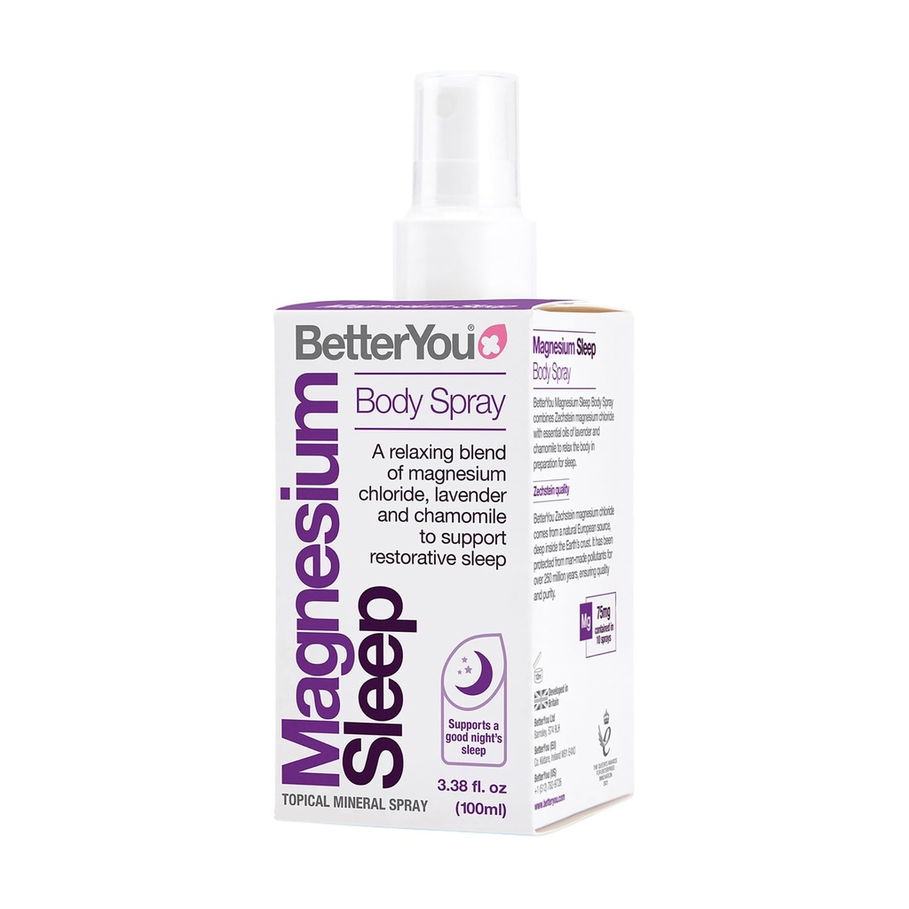 BetterYou Magnesium Sleep Body Spray - Afslappende tematisk Magnesium og Essential Oil Spray - Lavendel og Kamille - fremmer bedre søvn - 3.38 oz