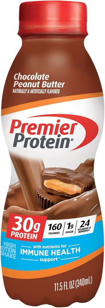 Premier Protein Shake, Chocolate Peanut Butter, 30g Protein, 1g Sugar, 24 Vitamins & Minerals, Nutrients to Support Immune Health, 11.5 Fl Oz